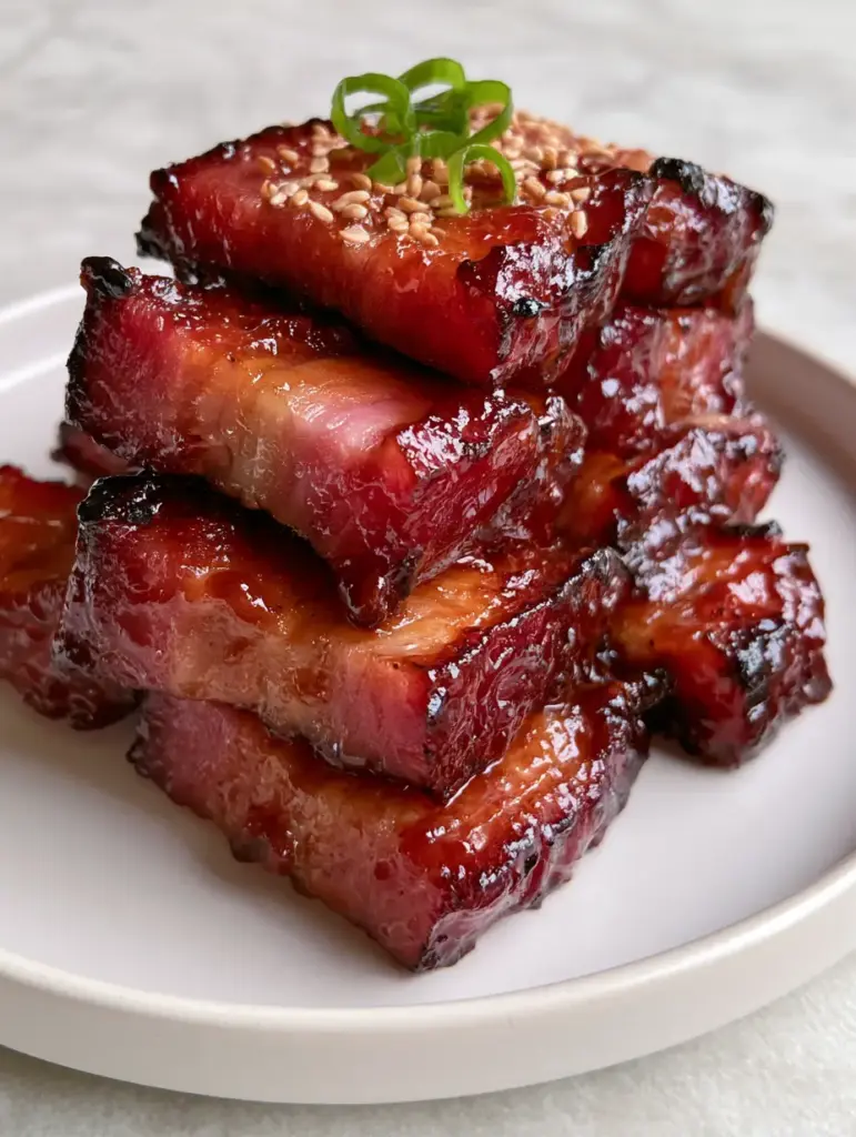 Chinese barbecue pork (Char Siu) with a Glistening Mahogany Honey Glaze 1 Chinese barbecue pork with charred edges and curled green scallions on a white ceramic plate.