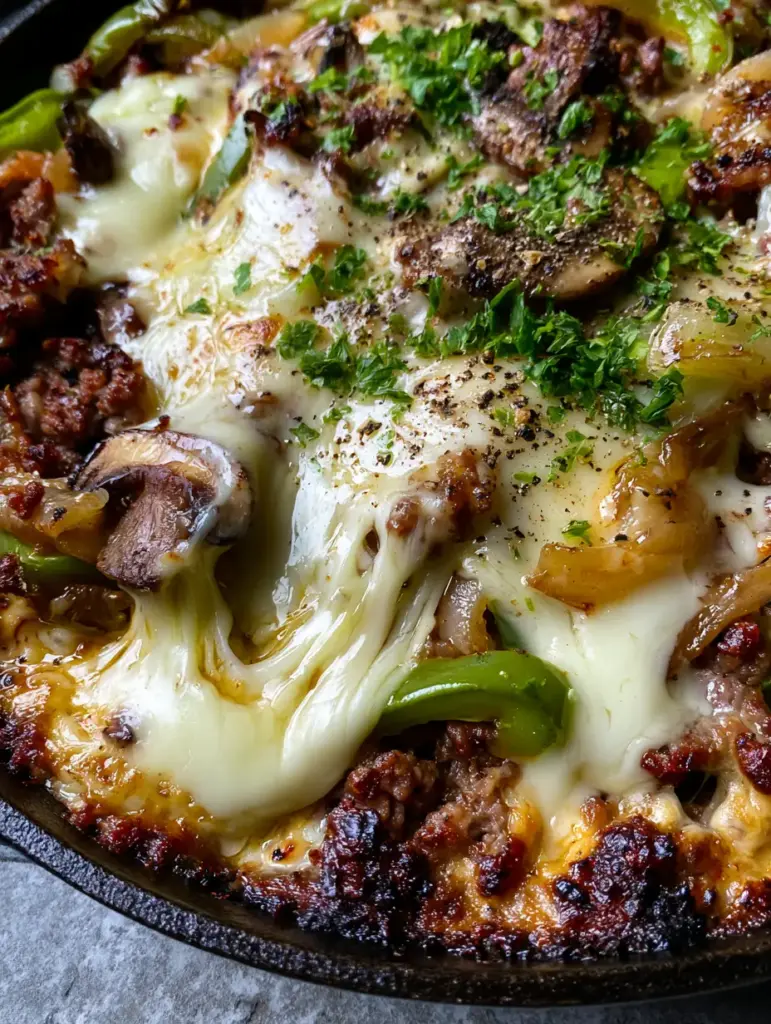 Ground beef Philly cheesesteak bowl with Melted Provolone and Sautéed Peppers 2 Top-down macro shot of a Ground beef Philly cheesesteak bowl in a cast iron skillet with glistening highlights on melted provolone.