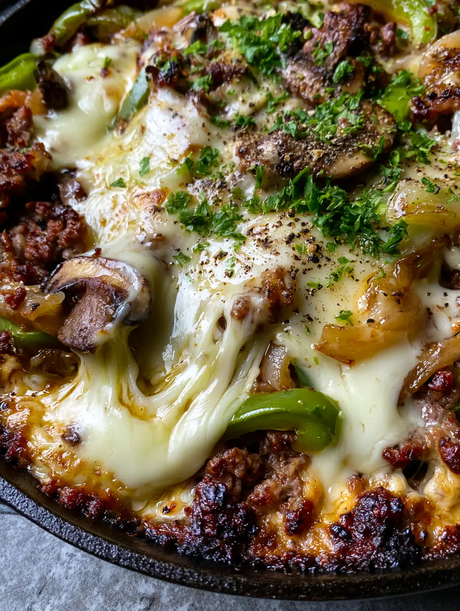 Ground beef Philly cheesesteak bowl with Melted Provolone and Sautéed Peppers 4 Top-down macro shot of a Ground beef Philly cheesesteak bowl in a cast iron skillet with glistening highlights on melted provolone.