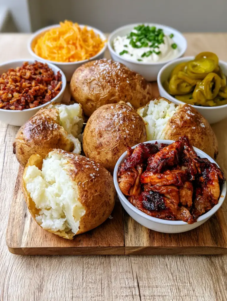 Loaded Baked Potato Ideas: The Ultimate BBQ Chicken and Crispy Bacon Bar 2 A handheld smartphone photo showing a viral layout of baked potatoes and toppings like bacon and BBQ chicken. (loaded baked potato ideas)