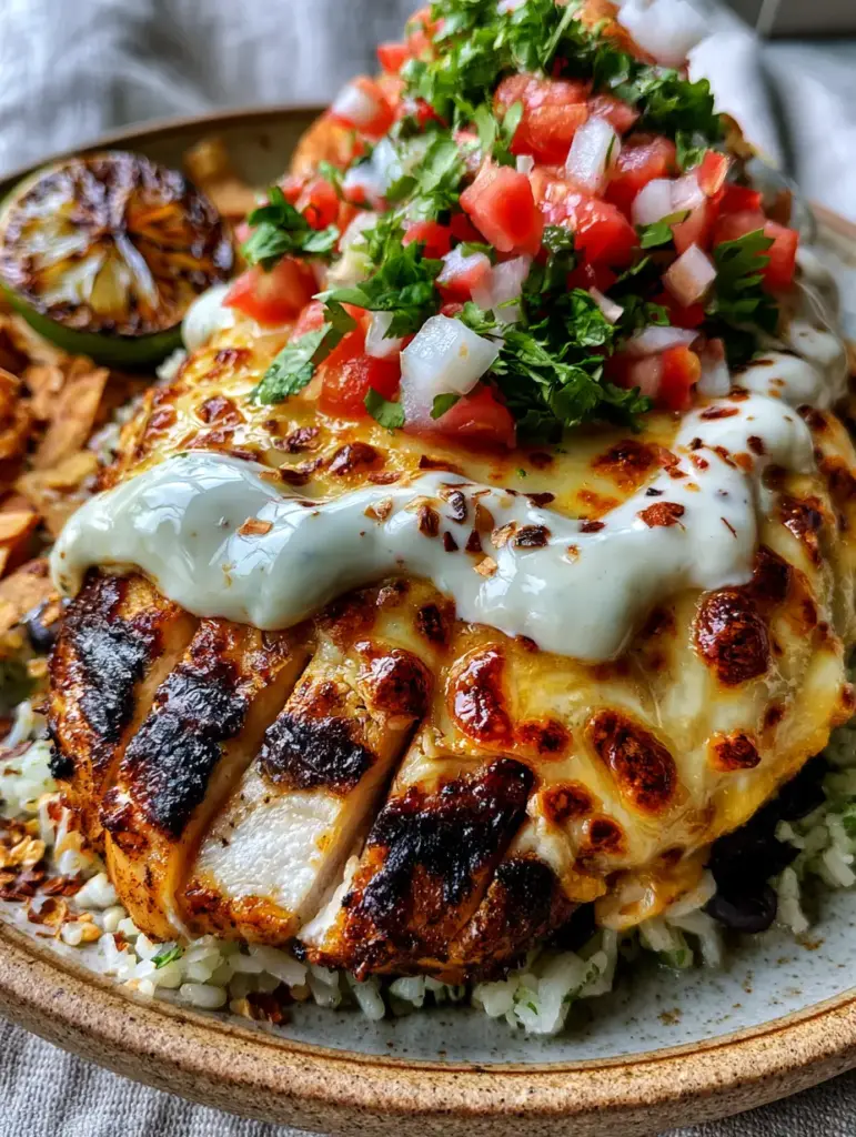 Fiesta Lime Chicken: The Ultimate Zesty High-Protein Power Meal 2 A handheld smartphone photo showing a succulent Fiesta Lime Chicken breast with deep grill marks and bubbly Monterey Jack cheese, served with a mountain of fresh pico de gallo. (Fiesta Lime Chicken)