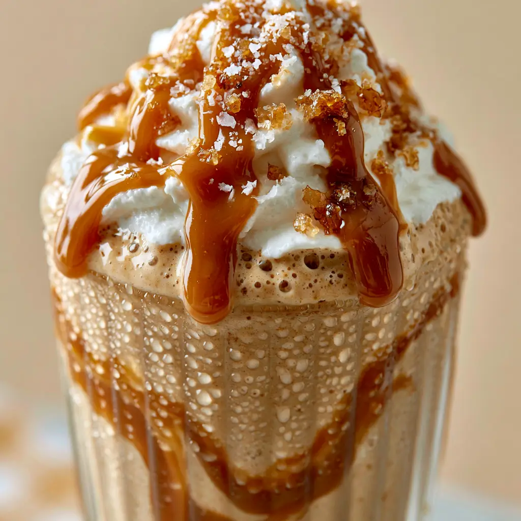 Frappe Recipe: The Ultimate Salted Caramel Coffee Shake 2 Close-up of a frappe recipe with condensation on the glass and deep-amber caramel ribbons.