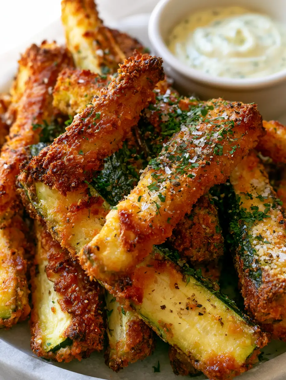 Zucchini Fries with Toasted Parmesan Crust and Lemon Aioli 4 Extreme close-up of textured Zucchini Fries showing golden-charred edges and crunchy parmesan flakes. (Zucchini Fries)