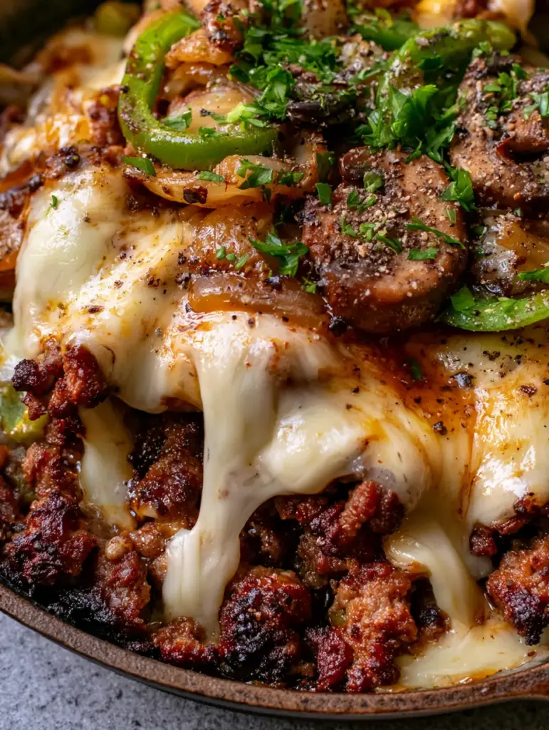 Ground beef Philly cheesesteak bowl with Melted Provolone and Sautéed Peppers 1 Close-up of gooey melted provolone strands over caramelized onions and peppers in a Ground beef Philly cheesesteak bowl.
