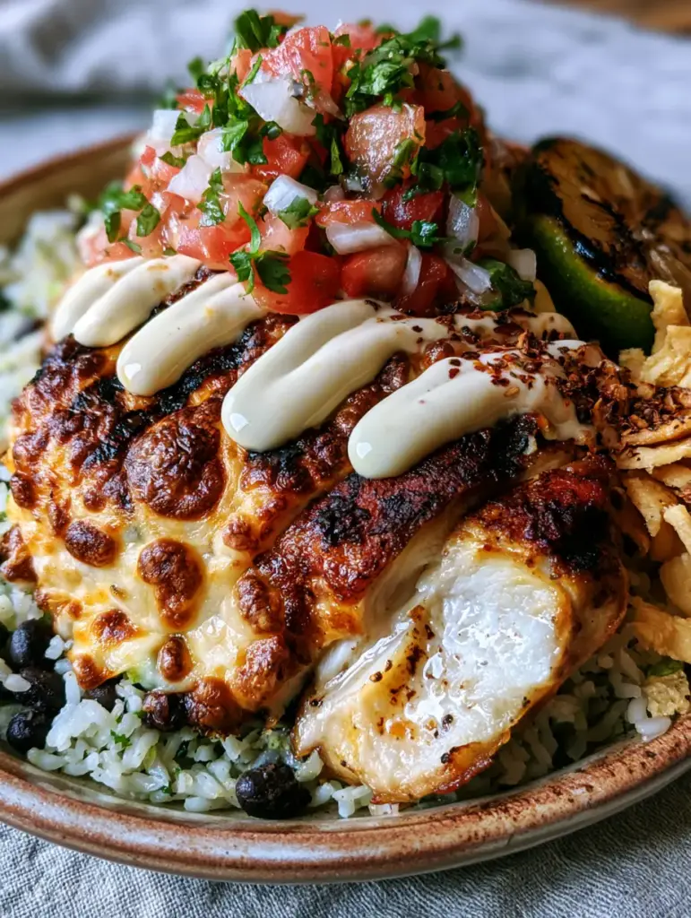 Fiesta Lime Chicken: The Ultimate Zesty High-Protein Power Meal 1 Detailed view of the glossy mexi-ranch sauce zigzagged over melted cheese and sliced chicken with charred lime on the side. (Fiesta Lime Chicken)
