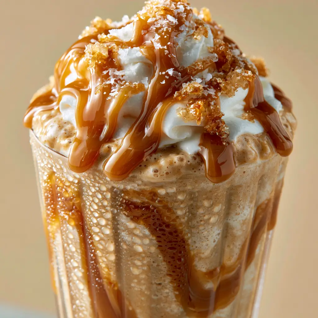 Frappe Recipe: The Ultimate Salted Caramel Coffee Shake 1 Top view of a frappe recipe showing stiff whipped cream, warm caramel sauce, and sea salt crystals.