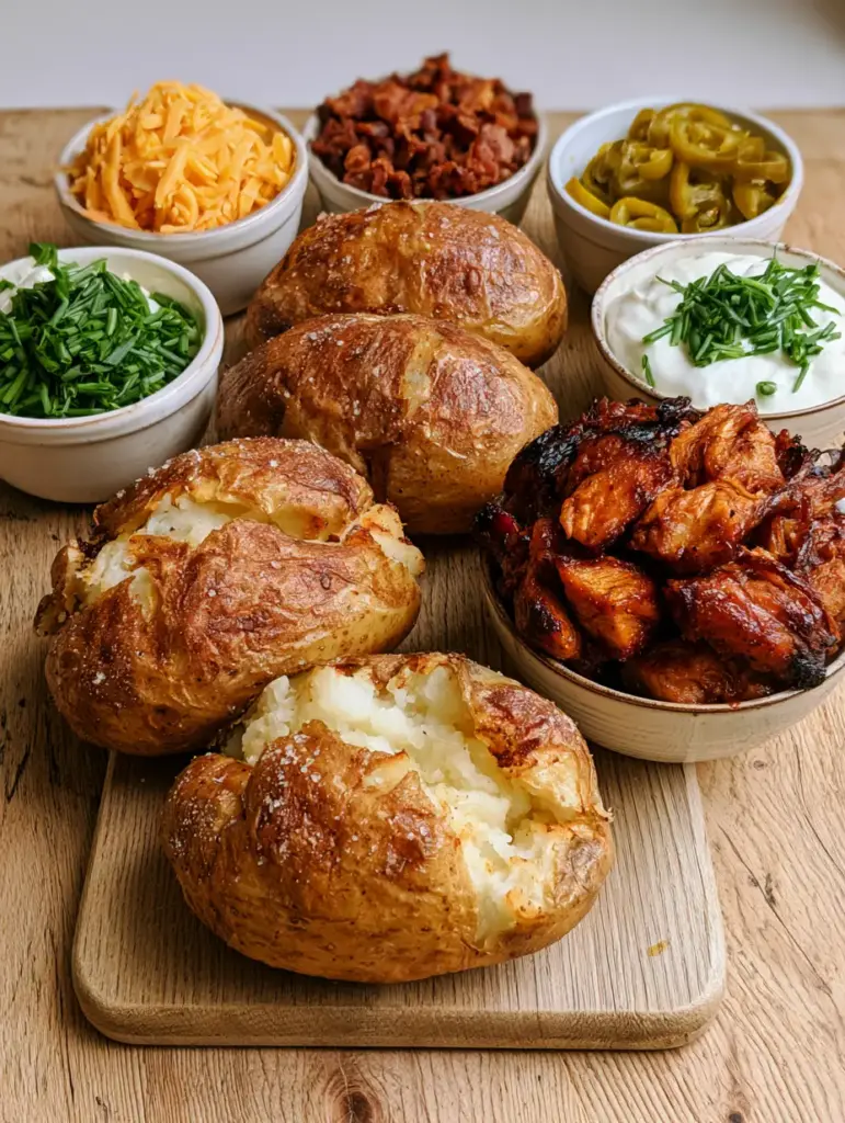Loaded Baked Potato Ideas: The Ultimate BBQ Chicken and Crispy Bacon Bar 1 Close-up of steam rising from a salt-rubbed russet potato with bright green chives and pickled jalapenos nearby.