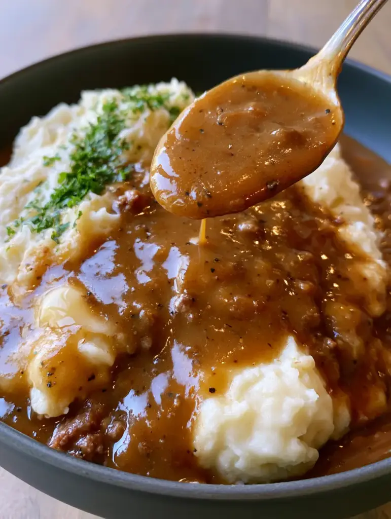 Beef Gravy Dinner: The Ultimate Ground Beef & Whipped Potato Comfort Meal 2 Extreme close-up of glossy mahogany ground beef gravy being poured from a silver spoon (beef gravy dinner)