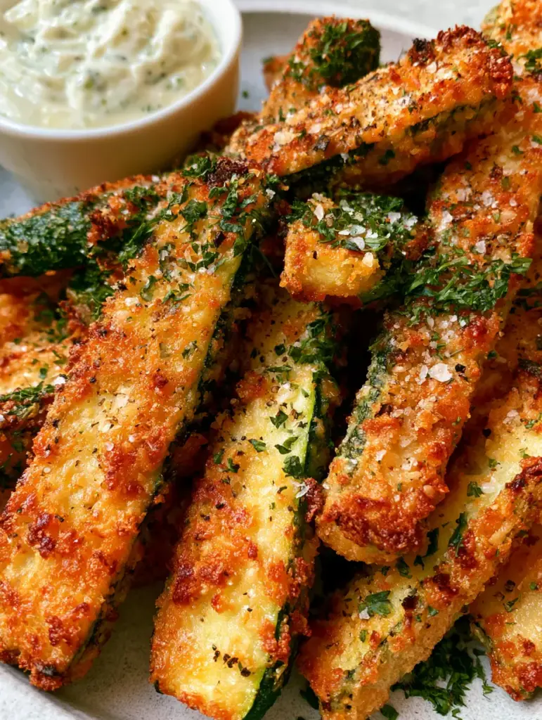 Zucchini Fries with Toasted Parmesan Crust and Lemon Aioli 1 Golden-brown air-fried zucchini spears piled on a stone surface with a side of creamy lemon aioli. (Zucchini Fries)