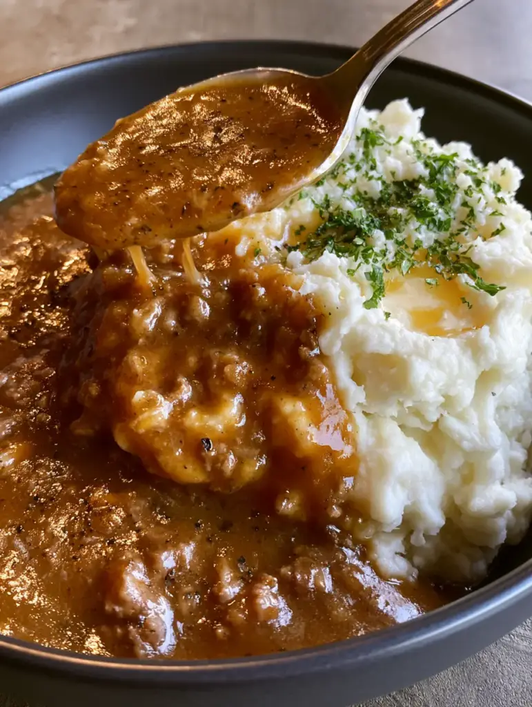 Beef Gravy Dinner: The Ultimate Ground Beef & Whipped Potato Comfort Meal 1 A pat of melting butter on top of whipped potatoes covered in beef gravy (beef gravy dinner)