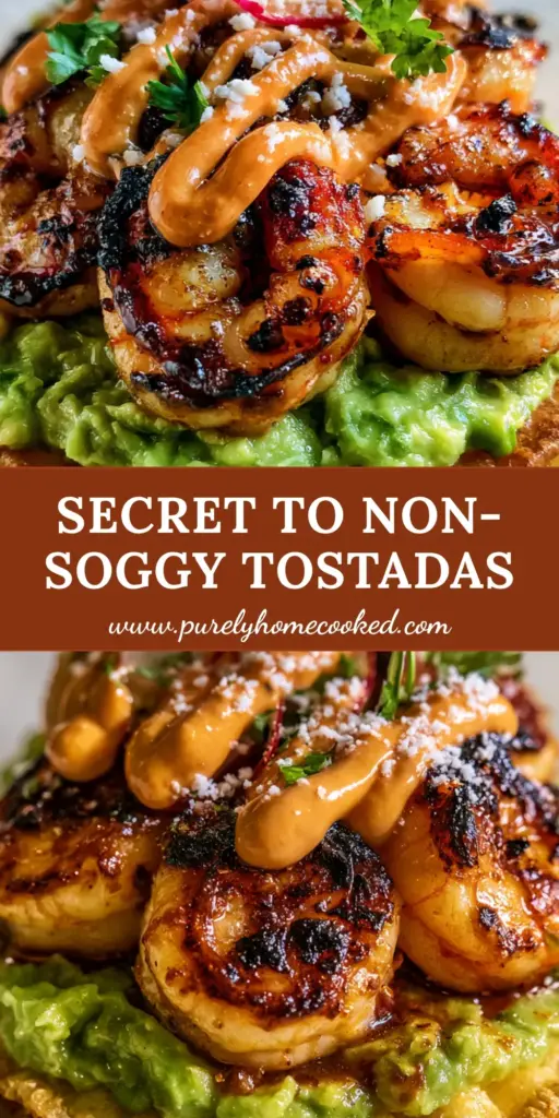 Shrimp Tostada with Crispy Gold Tortillas and Chili-Lime Charred Shrimp 4 A towering Shrimp tostada with five charred jumbo shrimp, thick orange chipotle crema, and vibrant chunky avocado on a crispy golden shell.