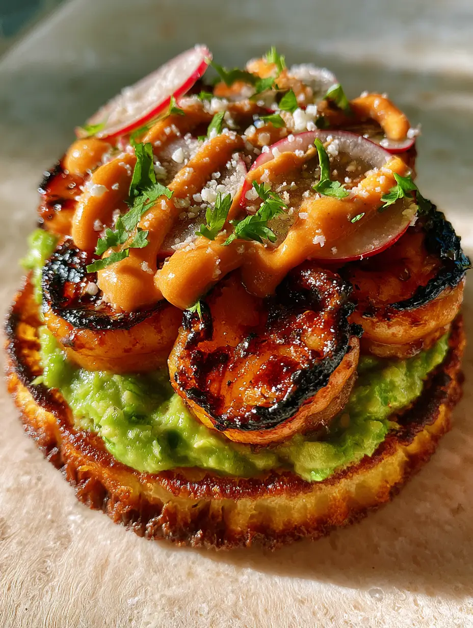 Shrimp Tostada with Crispy Gold Tortillas and Chili-Lime Charred Shrimp 3 Macro shot of a Shrimp tostada showing the dark charred spots on succulent shrimp and translucent radish slices.
