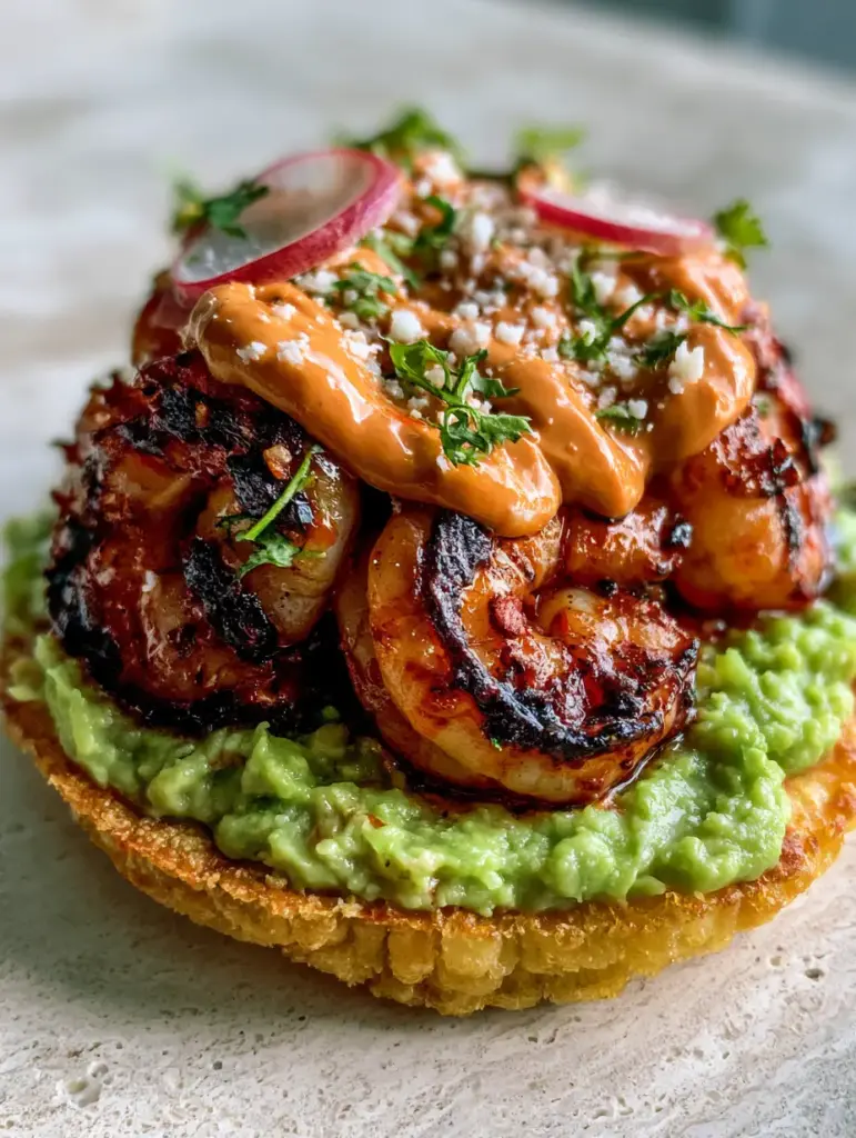 Shrimp Tostada with Crispy Gold Tortillas and Chili-Lime Charred Shrimp 1 Side-angle view of a golden-fried corn tostada with artful zig-zags of thick orange chipotle crema.