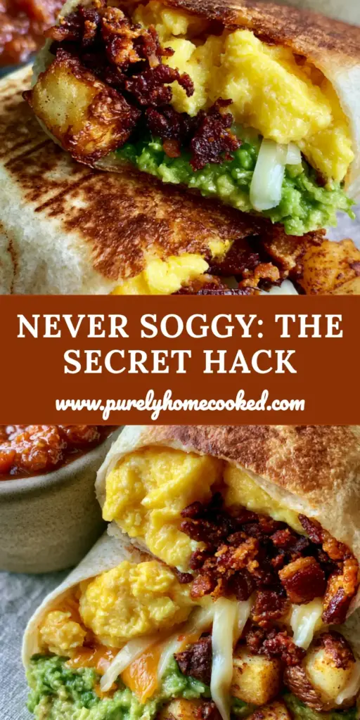 A close-up of a sliced breakfast burrito showing layers of mahogany bacon, white cheddar, and soft scrambled eggs. (breakfast burritos recipe)