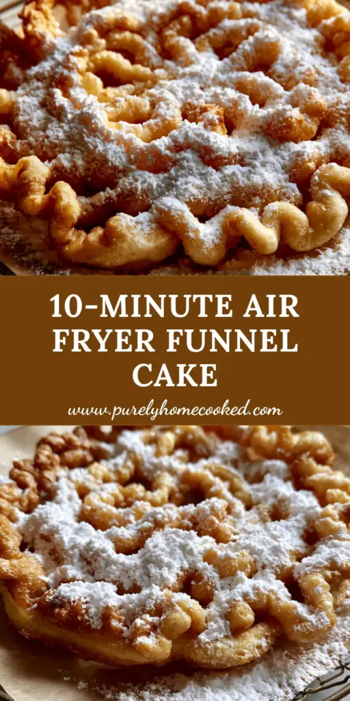 Funnel Cakes Made in the Air Fryer: The Crispiest Golden Fair Favorite 4 A single golden-brown air fryer funnel cake heavily dusted with powdered sugar on brown parchment paper. (funnel cakes)
