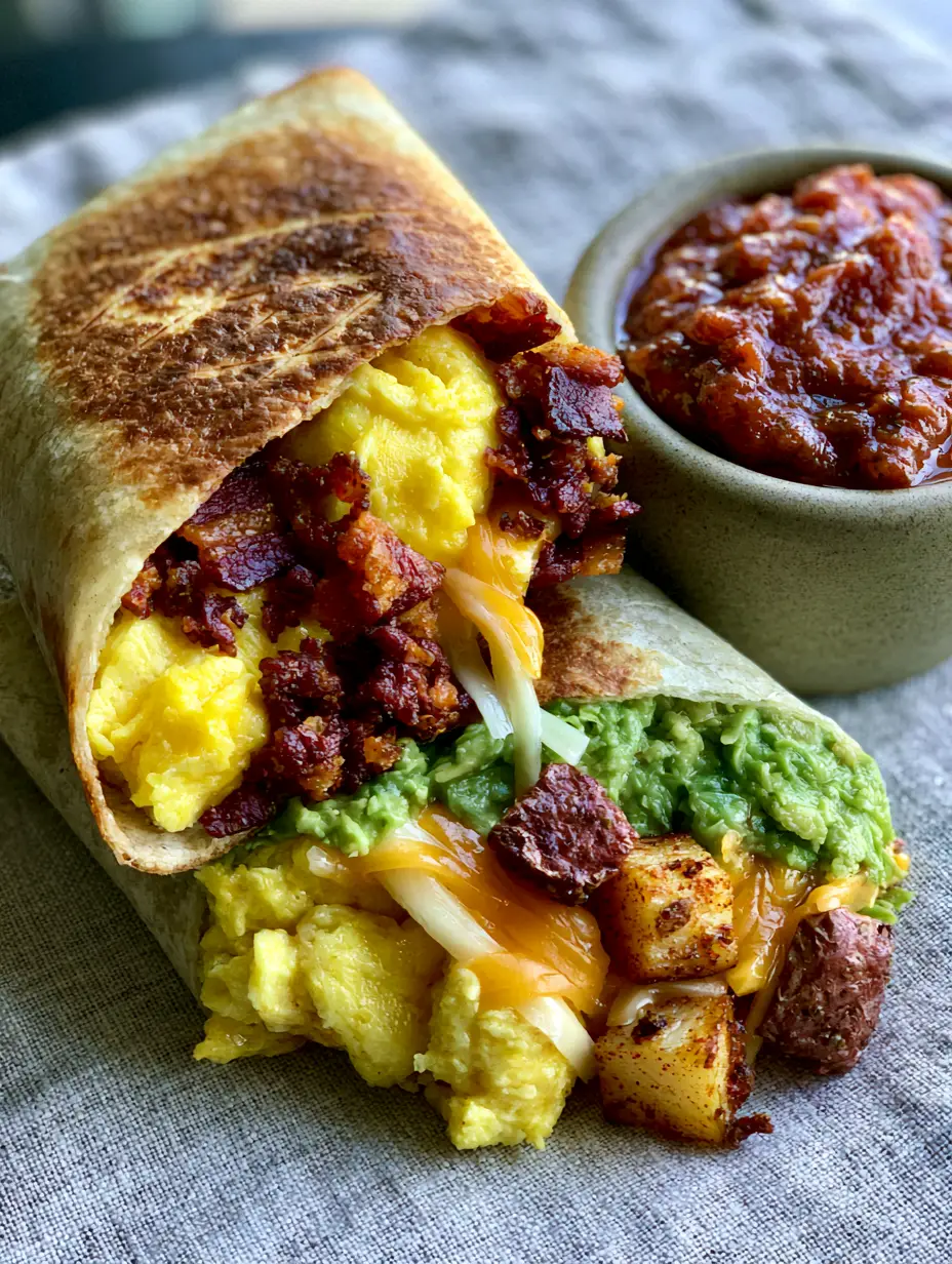 Slightly overhead shot of a breakfast burrito sliced in half with griddle marks and a side of fire-roasted salsa. (breakfast burritos recipe)