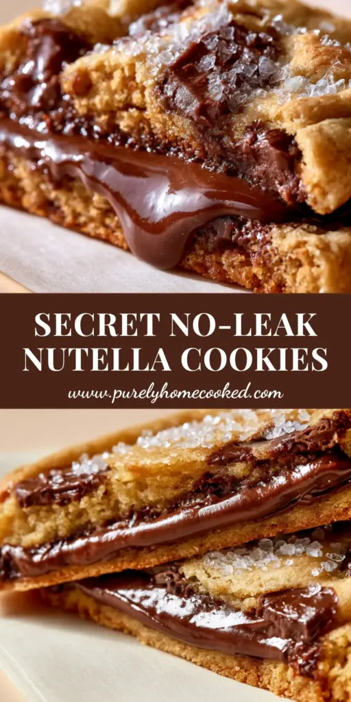 Nutella Stuffed Chocolate Chip Cookies with a Molten Hazelnut Center 3 A thick, bakery-style Nutella stuffed chocolate chip cookie sliced in half on parchment paper, revealing a molten hazelnut center and glossy chocolate chunks.