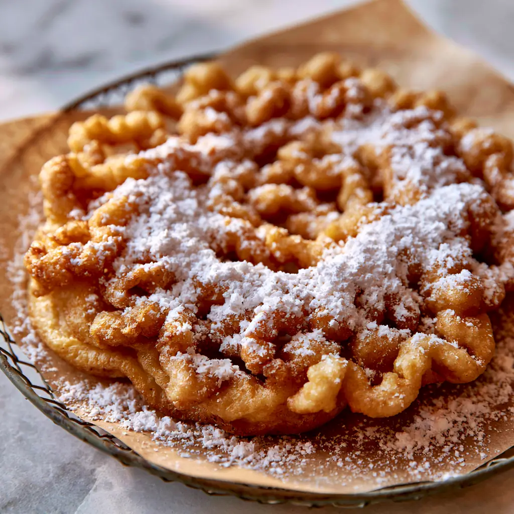 Funnel Cakes Made in the Air Fryer: The Crispiest Golden Fair Favorite 2 Close-up view of a crispy, golden-brown funnel cake with intricate lacing and snowy powdered sugar. (funnel cakes)