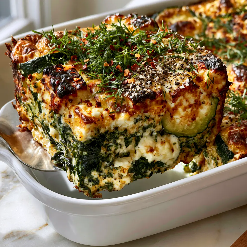 Zucchini Spinach Feta Casserole: The Ultimate Mediterranean Savory Bake 2 Smartphone photo of a zucchini spinach feta casserole in a white dish on a marble counter, featuring charred feta and fresh dill garnish.