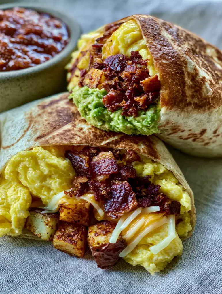 Handheld smartphone photo of a breakfast burrito with meticulous layers of yellow eggs and vibrant green avocado.