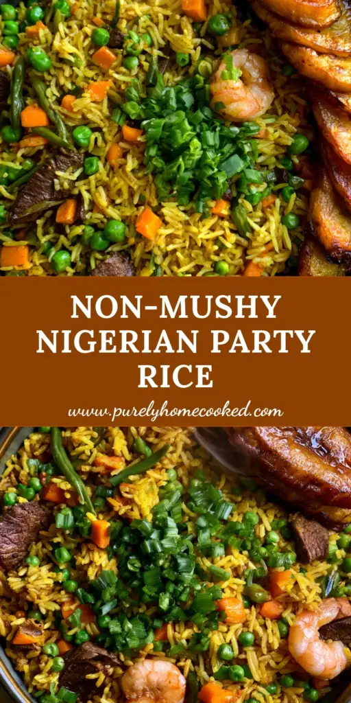 Overhead flat-lay of golden Nigerian Fried Rice with shrimp, beef liver, and vibrant vegetables in a dark ceramic bowl, served with caramelized fried plantains. (Nigerian Fried Rice)