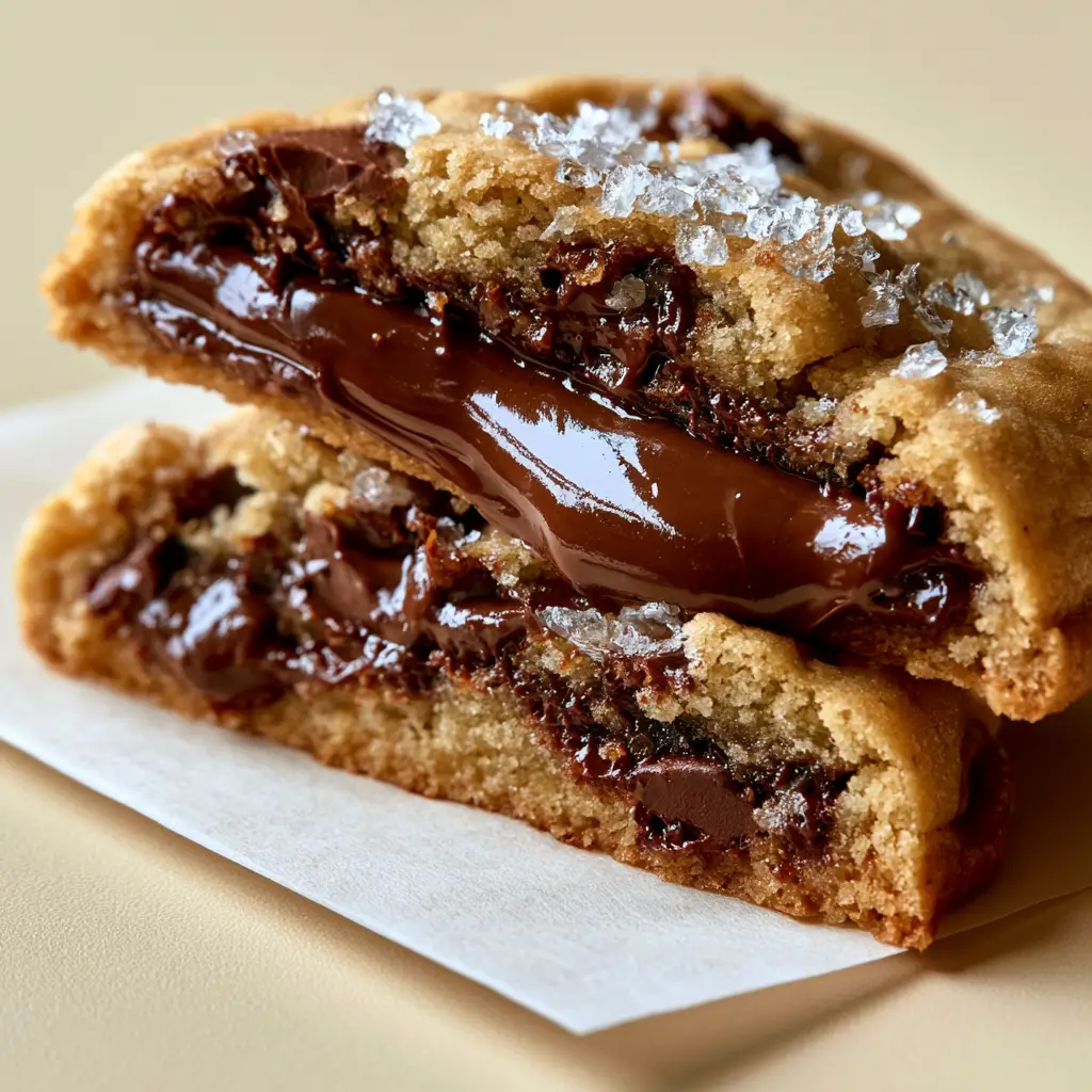 Nutella Stuffed Chocolate Chip Cookies with a Molten Hazelnut Center 2 Macro shot of a sliced chocolate chip cookie with an oozing dark hazelnut cocoa center and translucent salt crystals.