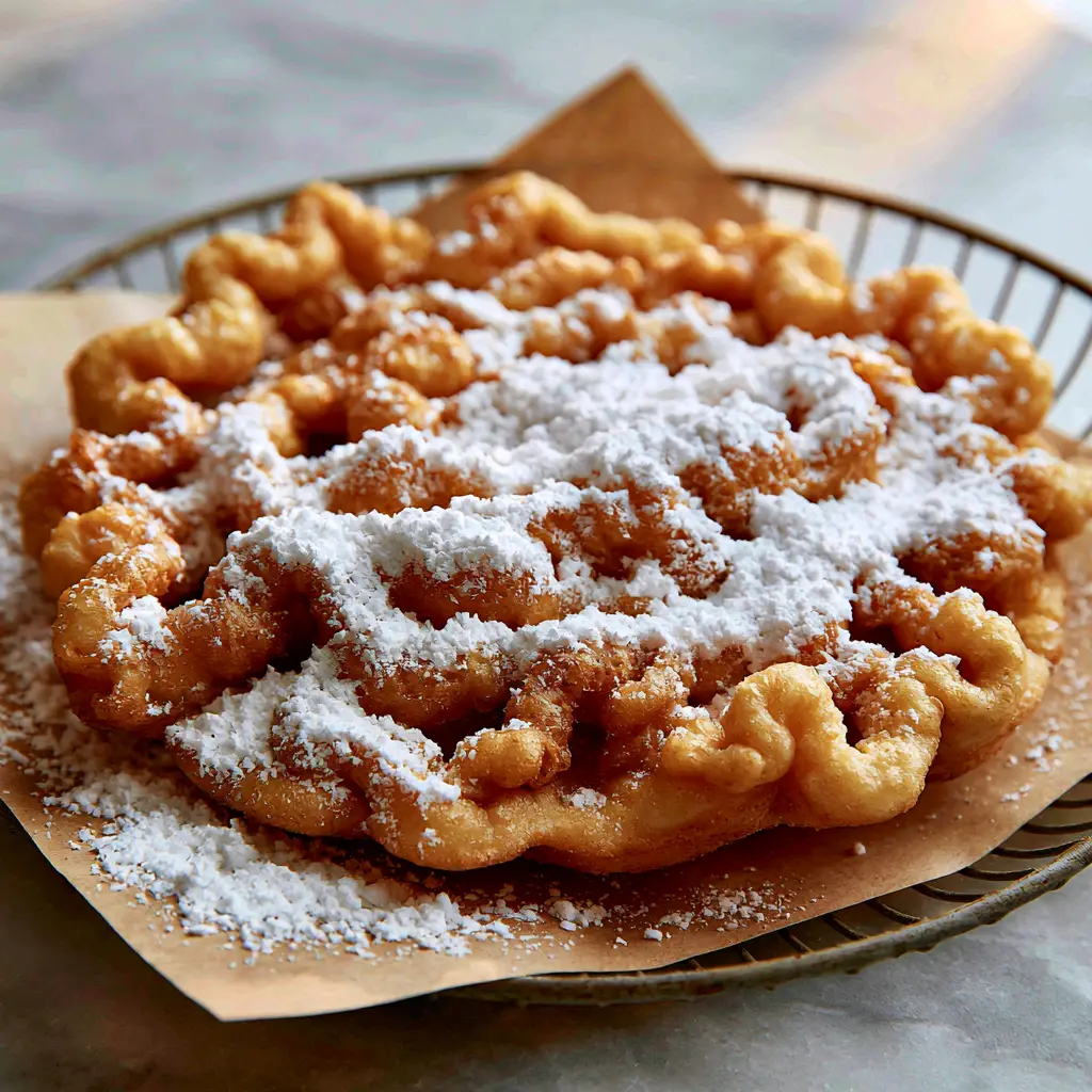 Funnel Cakes Made in the Air Fryer: The Crispiest Golden Fair Favorite 1 A handheld photo of a single air-fried funnel cake resting in a vintage wire basket on marble.