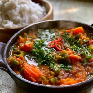 Close-up of vibrant South African Chakalaka in a cast iron pot showing the aromatic oil sheen. (South African dishes)