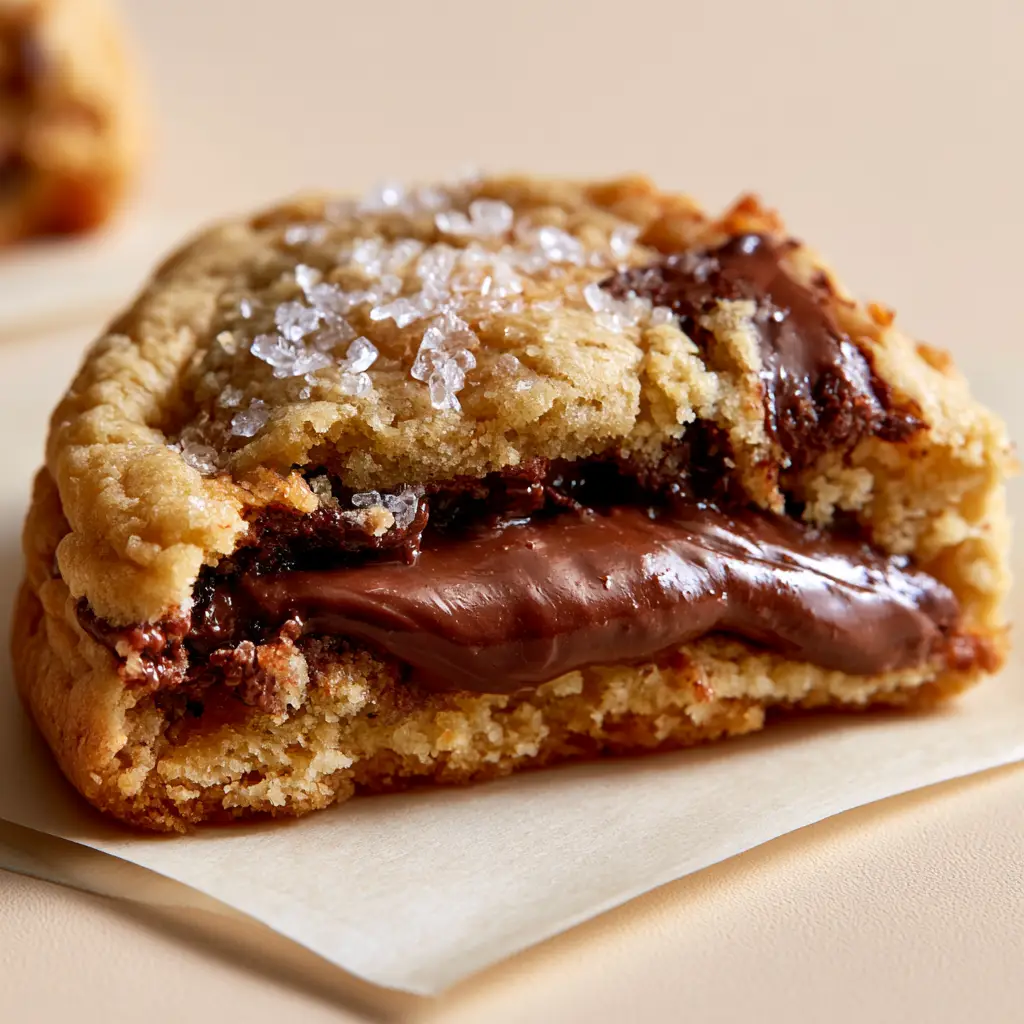 Nutella Stuffed Chocolate Chip Cookies with a Molten Hazelnut Center 1 A freshly baked thick chocolate chip cookie with half-melted semi-sweet chunks and a dusting of flaky sea salt on parchment.