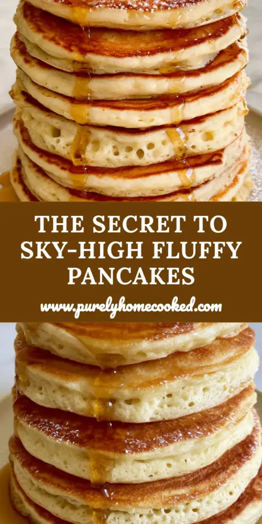 A towering sky-high stack of seven thick buttermilk pancakes with melting butter and amber maple syrup. (Fluffy Pancake Recipe)