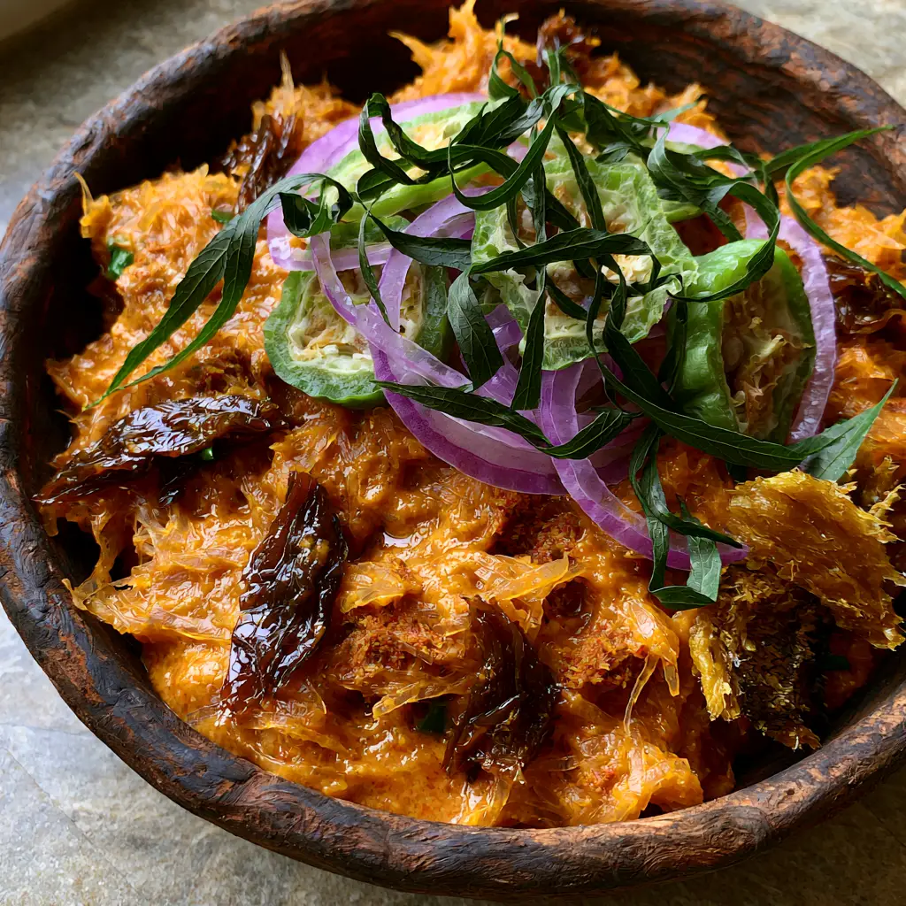 Close up of glossy ugba slivers and translucent cassava shreds in an Enugu Abacha bowl.
