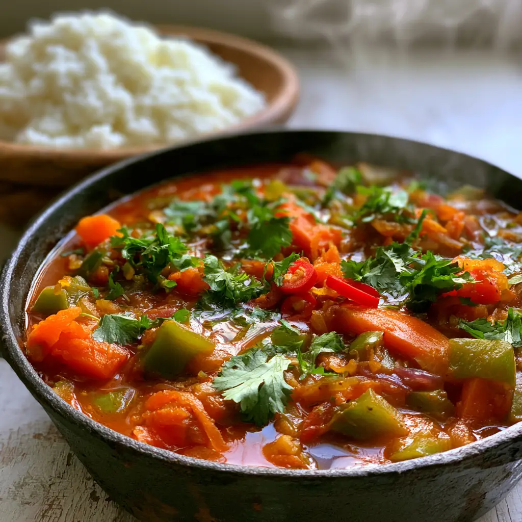 Fluffy white stywe pap in a wooden bowl with steam rising next to Chakalaka relish.