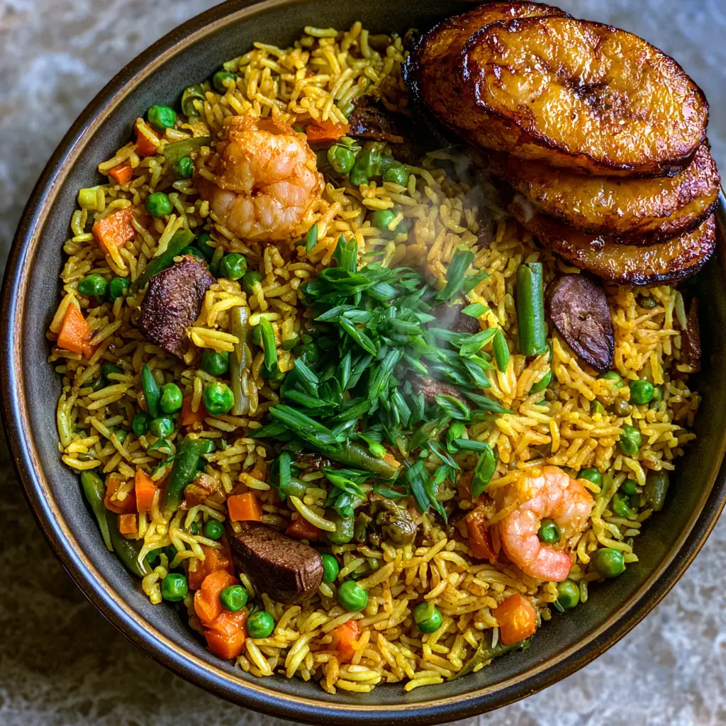A wide shot of the Nigerian Fried Rice bowl on a light stone countertop with steam wisps and a garnish of green scallions. (Nigerian Fried Rice)