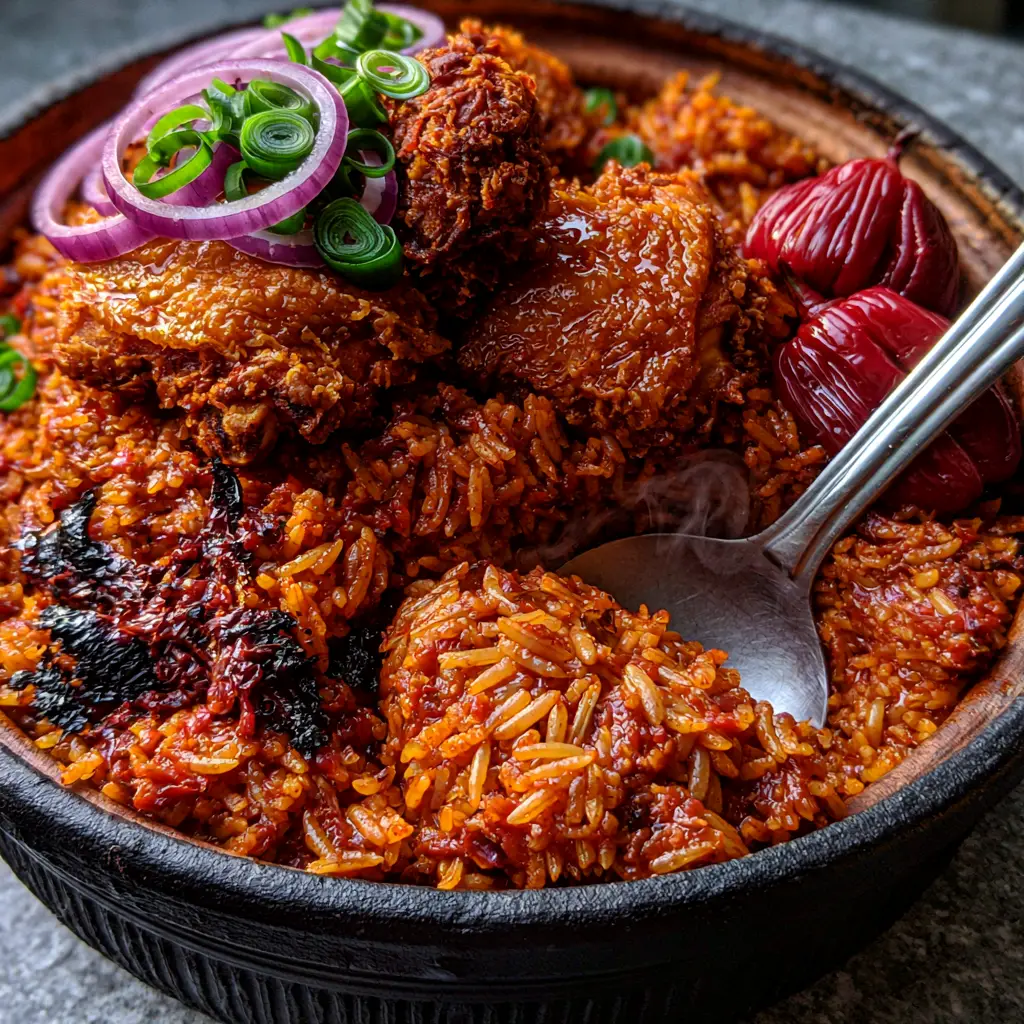 Ghanaian Dishes: Authentic Smoky Jollof Rice with Crispy Fried Chicken 2 Close up of long-grain Ghanaian Jollof rice with visible charred pepper skin and steam. (Ghanaian dishes)