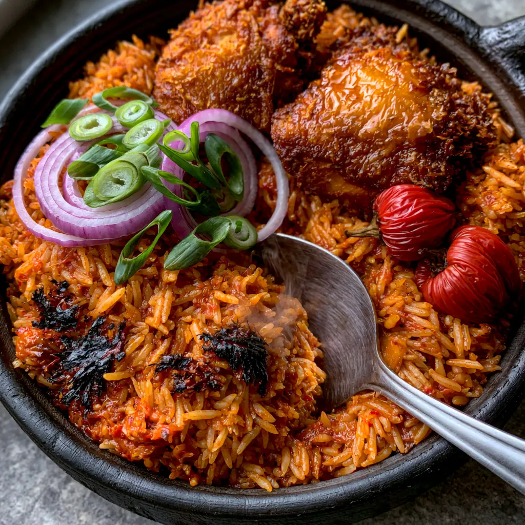Ghanaian Dishes: Authentic Smoky Jollof Rice with Crispy Fried Chicken 1 Authentic Ghanaian Jollof rice served in a rustic clay pot with red onion garnish and whole scotch bonnets.