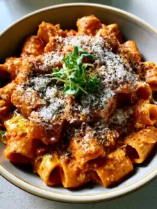 Close up of rigatoni noodles in a glossy tomato cream sauce with visible bits of caramelized garlic. (Creamy Garlic Tomato Pasta)