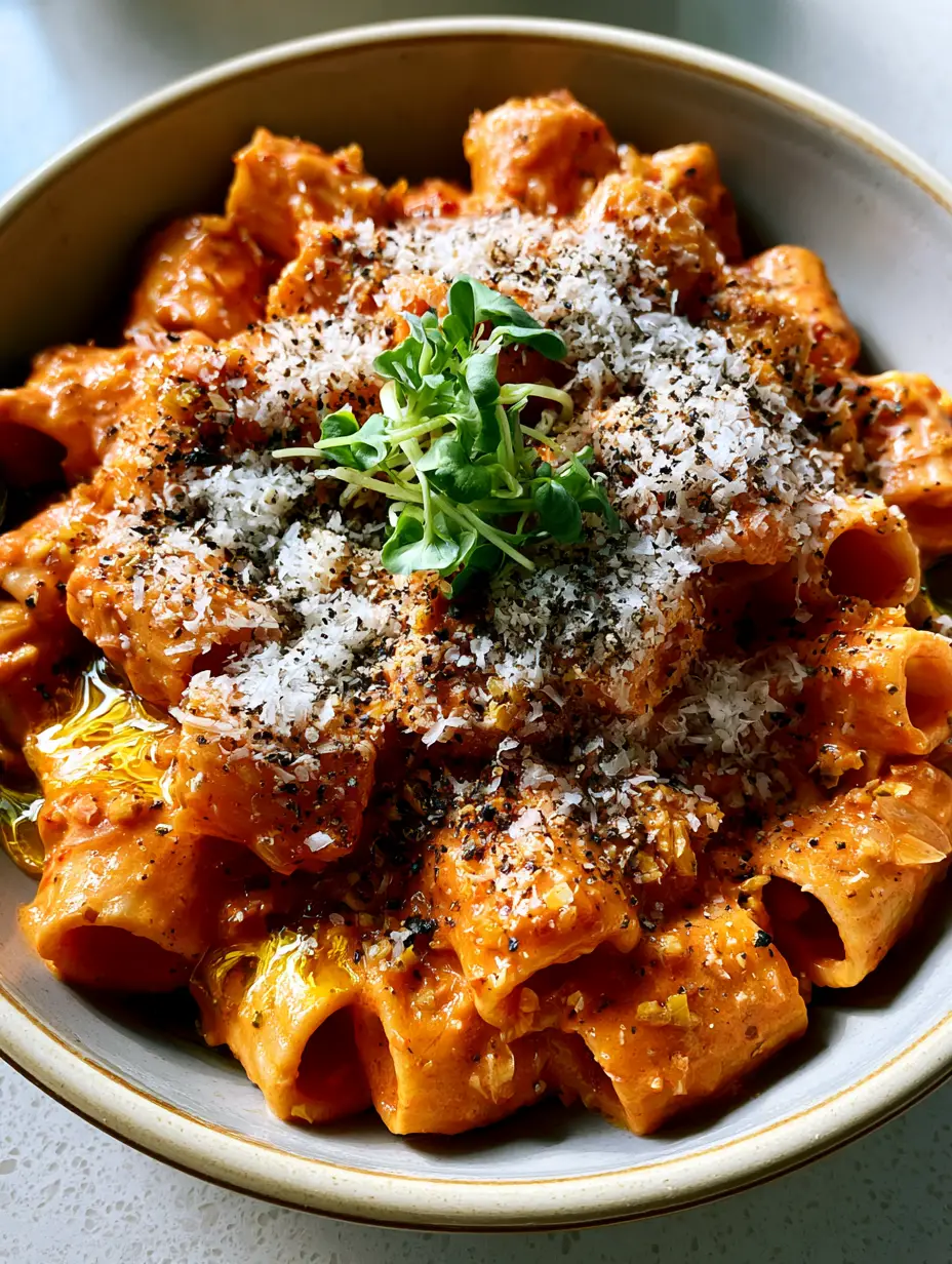 Creamy Garlic Tomato Pasta with Silky Rigatoni and Chili Oil 4 Close up of rigatoni noodles in a glossy tomato cream sauce with visible bits of caramelized garlic. (Creamy Garlic Tomato Pasta)